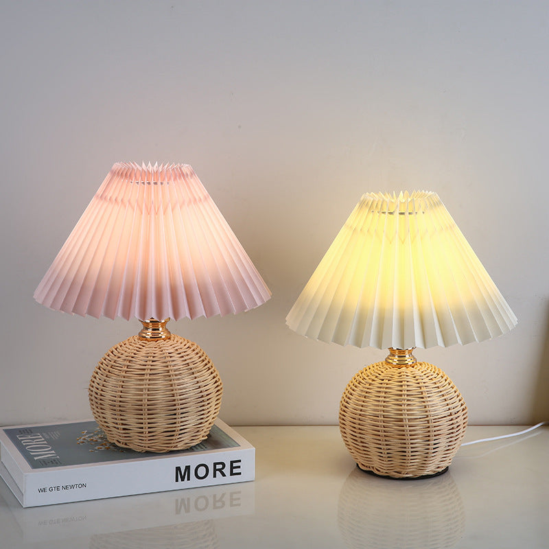 Modern Art Deco Rattan & Fabric Pleated Shade LED Table Lamp For Bedroom & Living Room