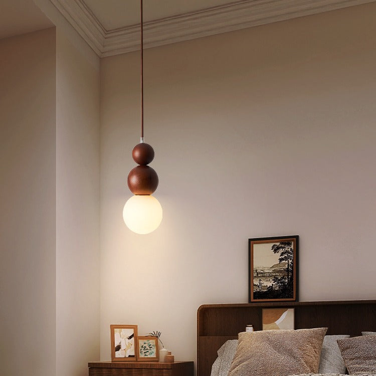 Traditional Vintage Solid Wood & Glass Round Gourd 1-Light Pendant Light For Bedroom & Living Room
