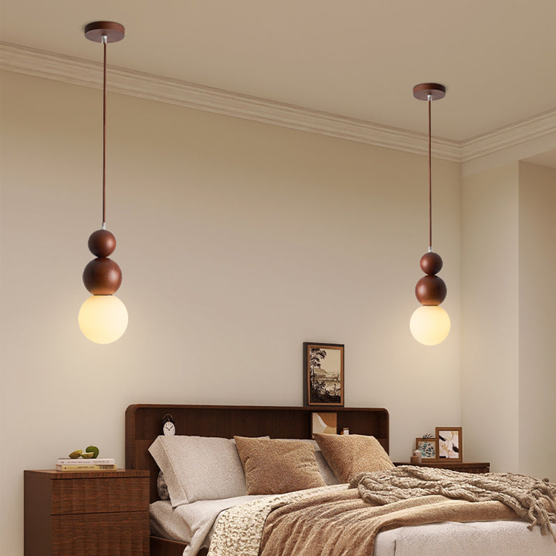 Traditional Vintage Solid Wood & Glass Round Gourd 1-Light Pendant Light For Bedroom & Living Room