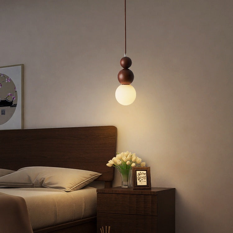 Traditional Vintage Solid Wood & Glass Round Gourd 1-Light Pendant Light For Bedroom & Living Room