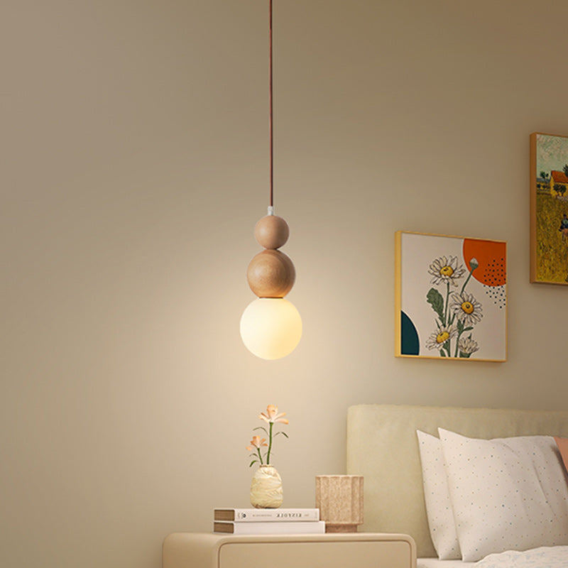 Traditional Vintage Solid Wood & Glass Round Gourd 1-Light Pendant Light For Bedroom & Living Room