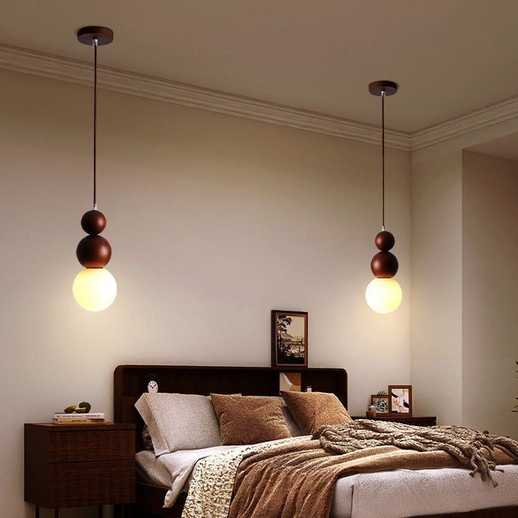 Traditional Vintage Solid Wood & Glass Round Gourd 1-Light Pendant Light For Bedroom & Living Room
