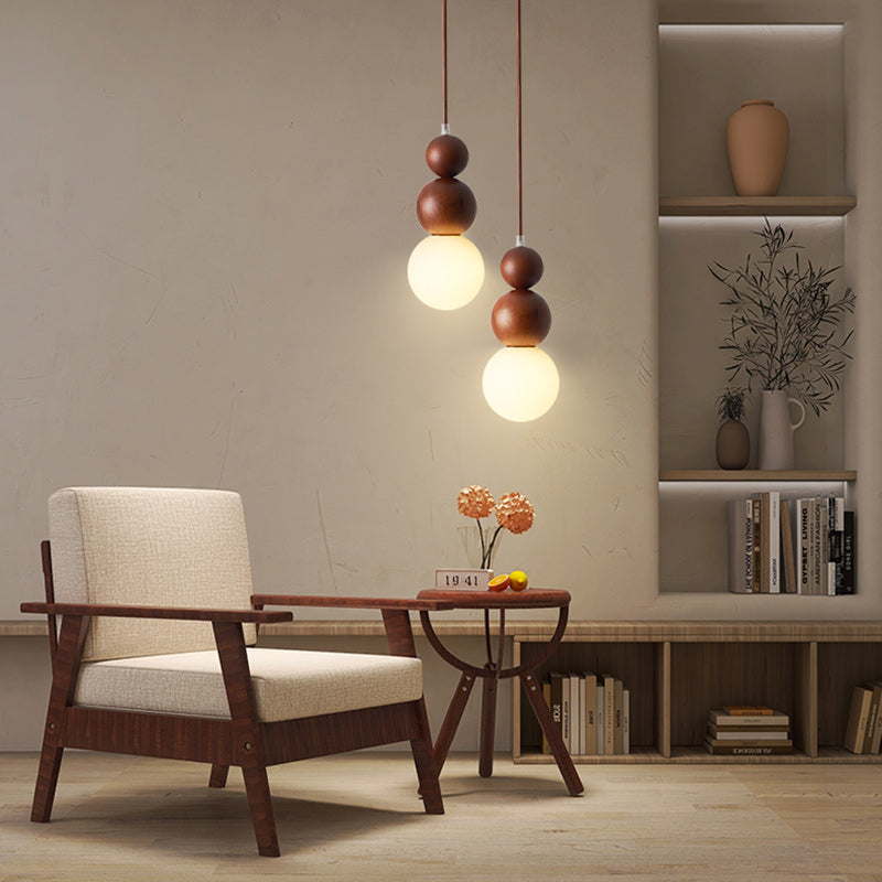 Traditional Vintage Solid Wood & Glass Round Gourd 1-Light Pendant Light For Bedroom & Living Room