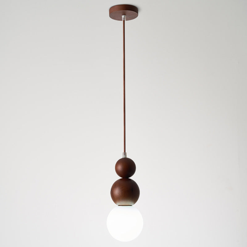 Traditional Vintage Solid Wood & Glass Round Gourd 1-Light Pendant Light For Bedroom & Living Room