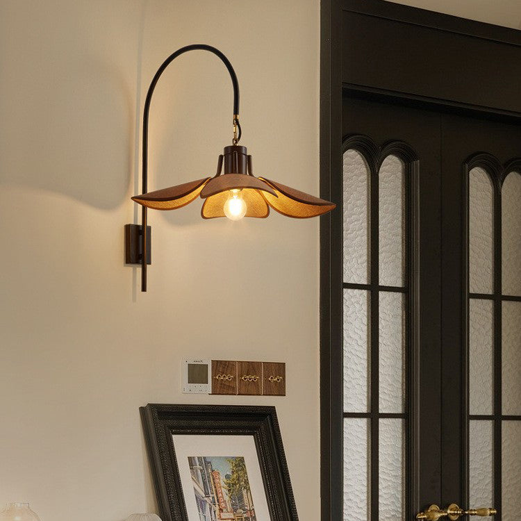 Modern Mid-Century Wood & Iron Curved Arm & Linen Leaf-Shaped Shade Wall Sconce Lamp 1-Light For Bedroom & Living Room