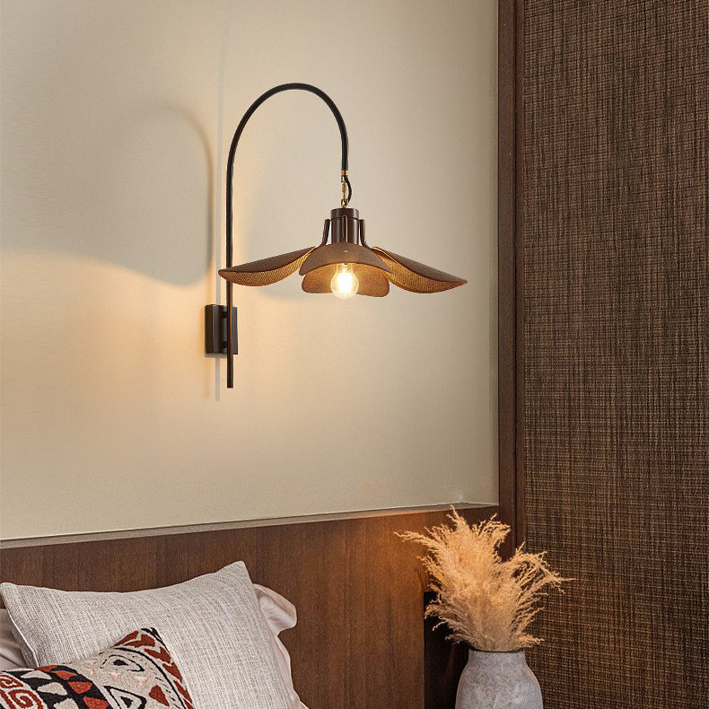 Modern Mid-Century Wood & Iron Curved Arm & Linen Leaf-Shaped Shade Wall Sconce Lamp 1-Light For Bedroom & Living Room