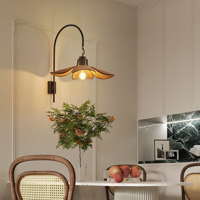 Modern Mid-Century Wood & Iron Curved Arm & Linen Leaf-Shaped Shade Wall Sconce Lamp 1-Light For Bedroom & Living Room