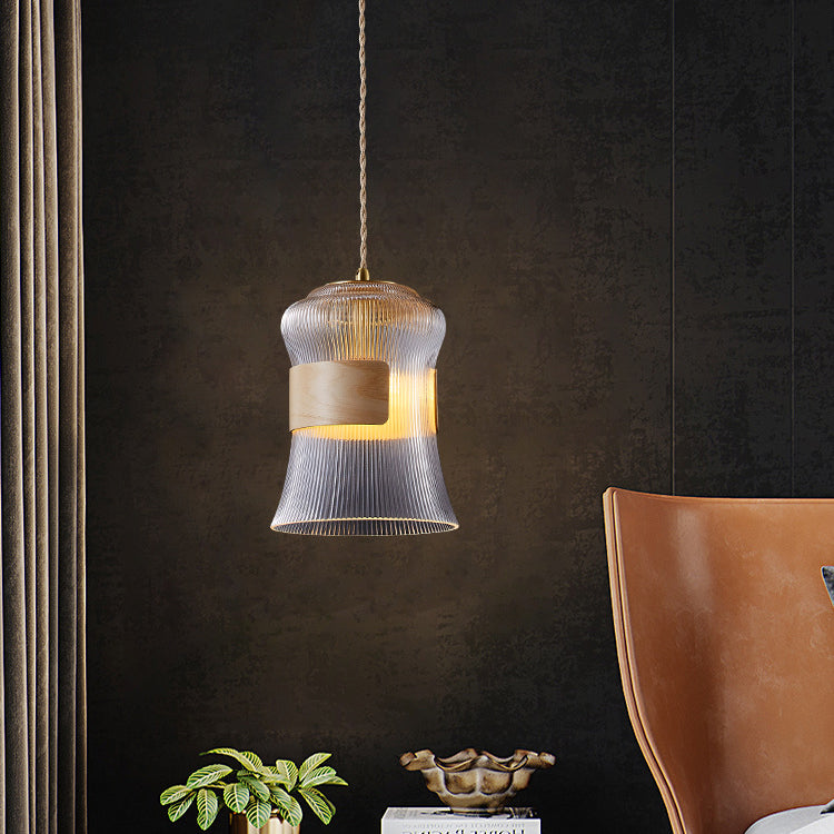 Traditional Vintage Wood, Glass & Brass Irregular Geometric Cylinder 1-Light Pendant Light For Bedroom & Living Room