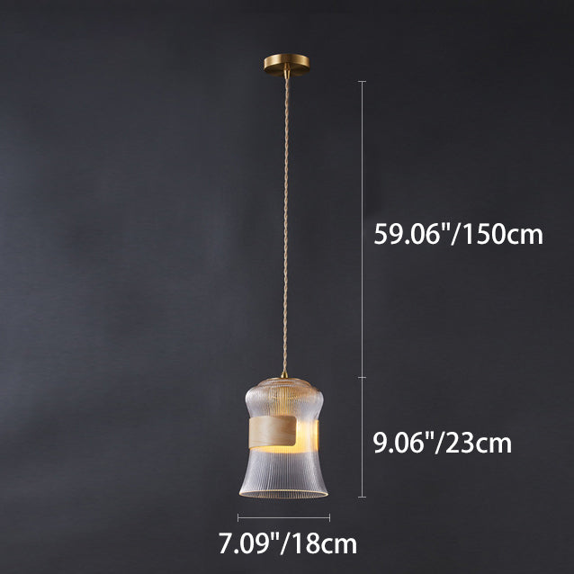 Traditional Vintage Wood, Glass & Brass Irregular Geometric Cylinder 1-Light Pendant Light For Bedroom & Living Room