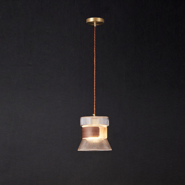 Traditional Vintage Wood, Glass & Brass Irregular Geometric Cylinder 1-Light Pendant Light For Bedroom & Living Room