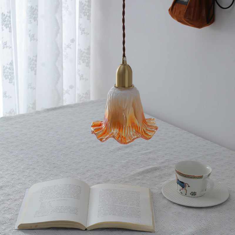 Traditional French Brass & Glass Floral 1-Light Pendant Light For Bedroom & Living Room