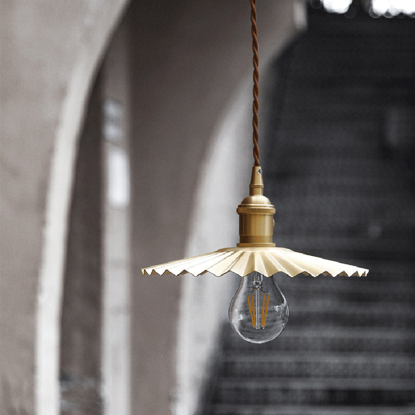 Traditional Vintage Brass Pleated Round 1-Light Pendant Light For Bedroom & Living Room