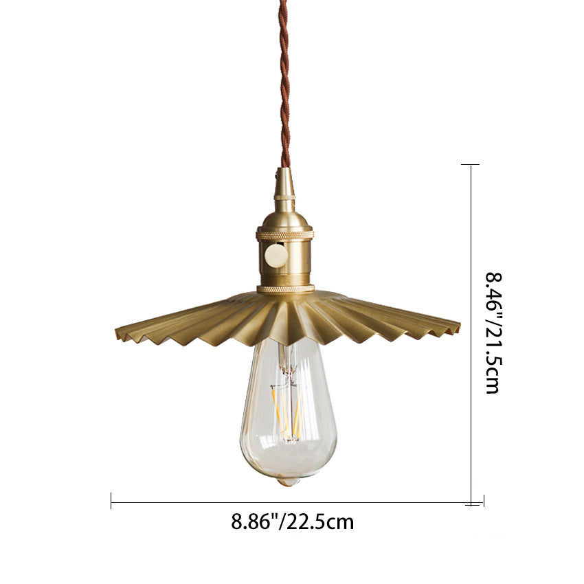 Traditional Vintage Brass Pleated Round 1-Light Pendant Light For Bedroom & Living Room