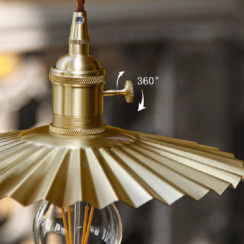 Traditional Vintage Brass Pleated Round 1-Light Pendant Light For Bedroom & Living Room