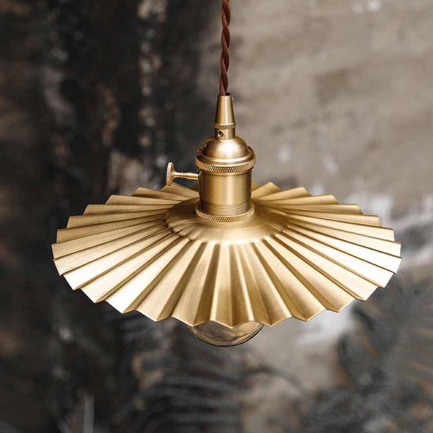 Traditional Vintage Brass Pleated Round 1-Light Pendant Light For Bedroom & Living Room