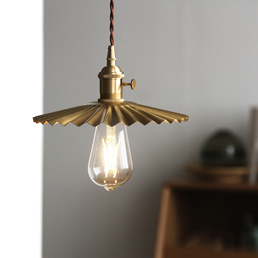 Traditional Vintage Brass Pleated Round 1-Light Pendant Light For Bedroom & Living Room