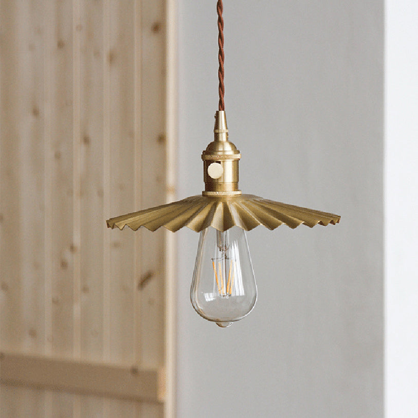 Traditional Vintage Brass Pleated Round 1-Light Pendant Light For Bedroom & Living Room