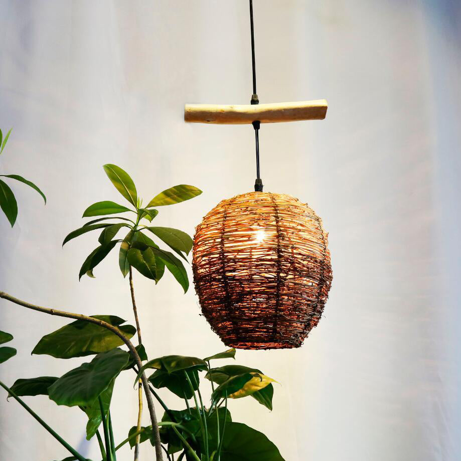 Traditional Rustic Rattan & Wood Cylindrical 1-Light Pendant Light For Bedroom And Living Room