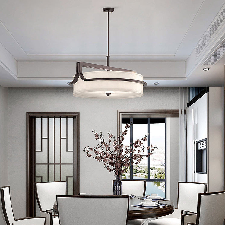 Traditional Chinese Iron & Fabric Round 3-Light Pendant Light For Living Room & Dining Room