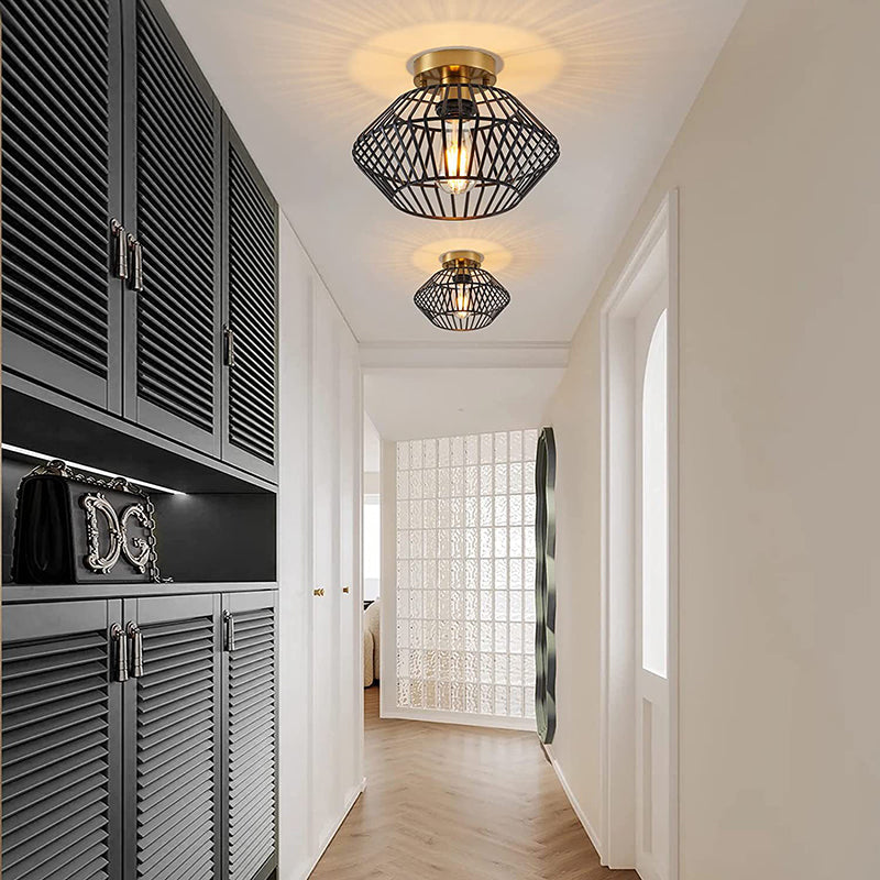 Modern Minimalist Iron Round Wire Cage 1-Light Semi-Flush Mount Ceiling Light For Bedroom And Living Room