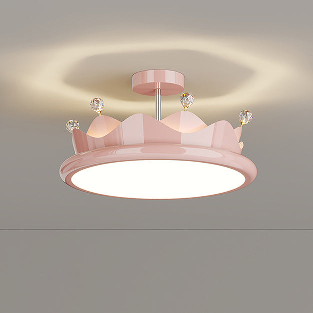 Contemporary Creative Iron Crystal PE Round Crown LED Semi-Flush Mount Ceiling Light For Bedroom