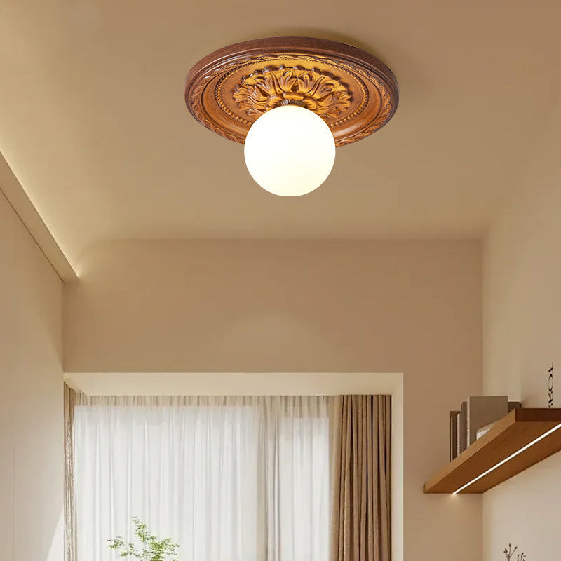 Traditional French Resin Plastic Engraved Floral Round 1-Light Flush Mount Ceiling Light For Hallways
