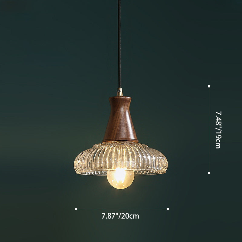 Traditional Vintage Brass Wood Glass Striped Round Lid Shade 1-Light Pendant Light For Bedroom