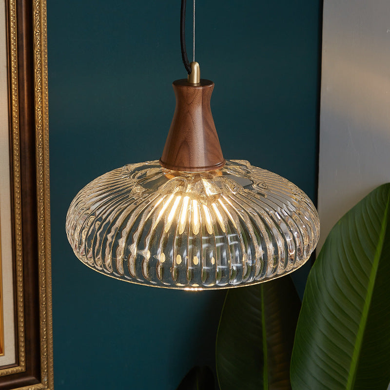 Traditional Vintage Brass Wood Glass Striped Round Lid Shade 1-Light Pendant Light For Bedroom