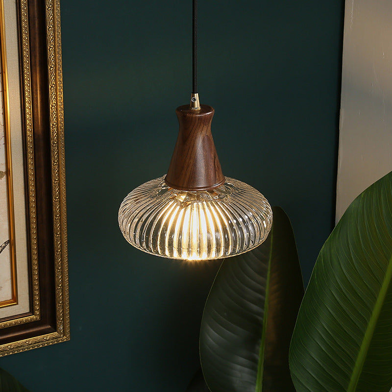 Traditional Vintage Brass Wood Glass Striped Round Lid Shade 1-Light Pendant Light For Bedroom