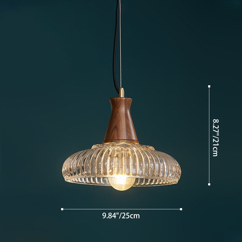 Traditional Vintage Brass Wood Glass Striped Round Lid Shade 1-Light Pendant Light For Bedroom