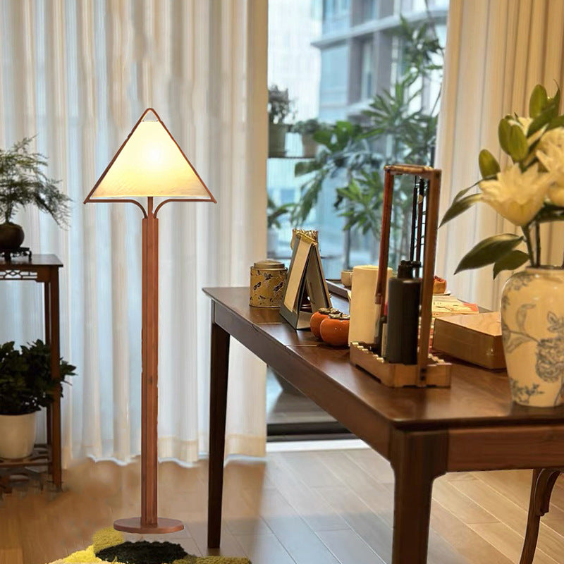 Traditional Vintage Wood Fabric Cylinder Base 1-Light Standing Floor Lamp For Living Room