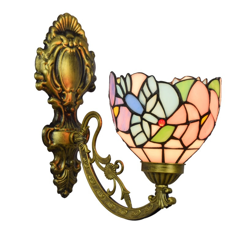 Traditional Tiffany Iron Glass Floral Cone Pattern 1-Light Wall Sconce Lamp For Living Room