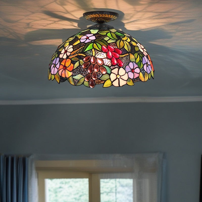 Traditional Tiffany Iron Colored Glass Floral Leaf Pattern Dome 1-Light Semi-Flush Mount Ceiling Light For Living Room