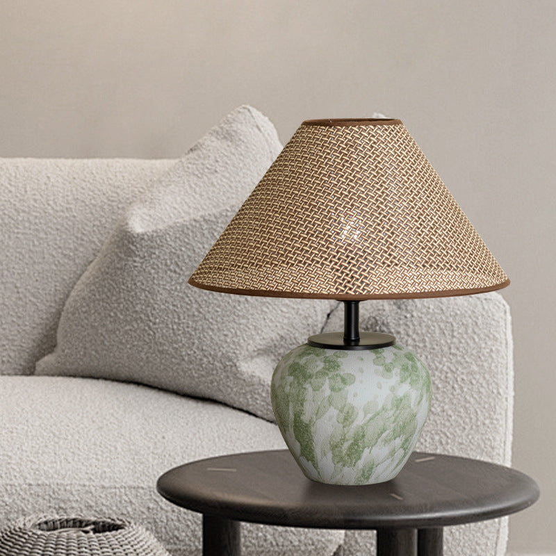 Traditional Chinese Ceramic Round Base Fabric Shade 1-Light Table Lamp For Living Room