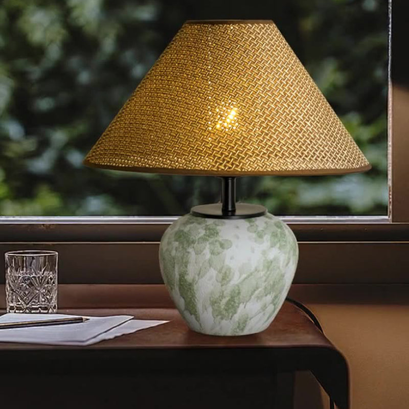 Traditional Chinese Ceramic Round Base Fabric Shade 1-Light Table Lamp For Living Room
