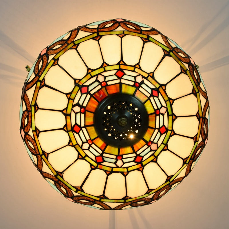 Traditional Tiffany Iron & Stained Glass Heart Dome Floral Pattern 3-Light Semi-Flush Mount Ceiling Light For Living Room