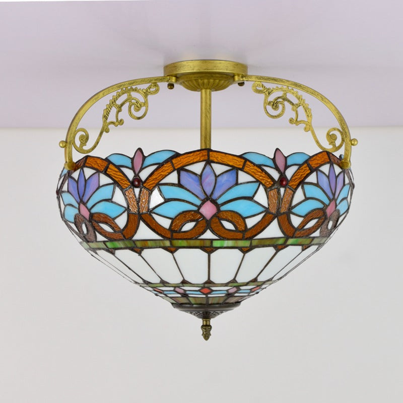 Traditional Tiffany Iron & Stained Glass Heart Dome Floral Pattern 3-Light Semi-Flush Mount Ceiling Light For Living Room