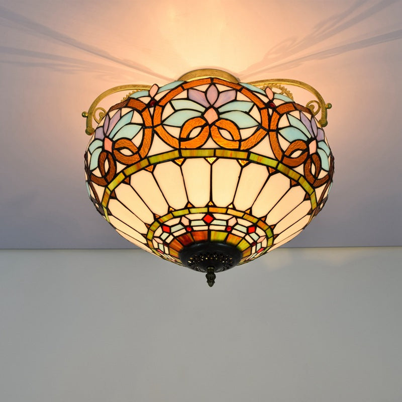 Traditional Tiffany Iron & Stained Glass Heart Dome Floral Pattern 3-Light Semi-Flush Mount Ceiling Light For Living Room