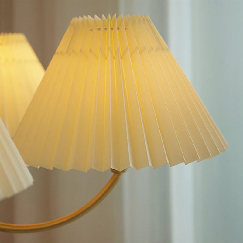 Modern Mid-Century Brass & Wood PVC Pleated Round Shade 3/5-Light Chandelier For Living Room