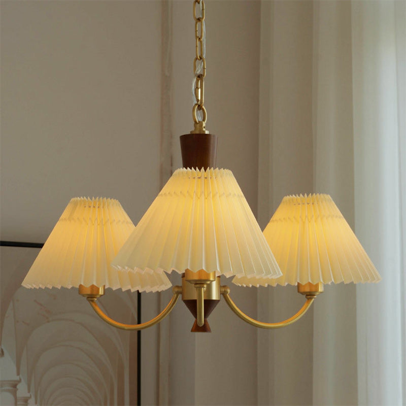Modern Mid-Century Brass & Wood PVC Pleated Round Shade 3/5-Light Chandelier For Living Room