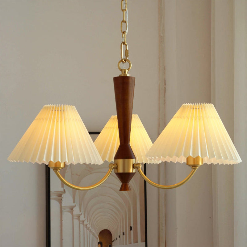 Modern Mid-Century Brass & Wood PVC Pleated Round Shade 3/5-Light Chandelier For Living Room