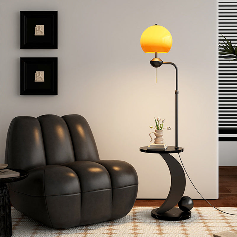 Modern Mid-Century Iron Glass Resin Round Shade 1-Light Standing Floor Lamp For Bedroom