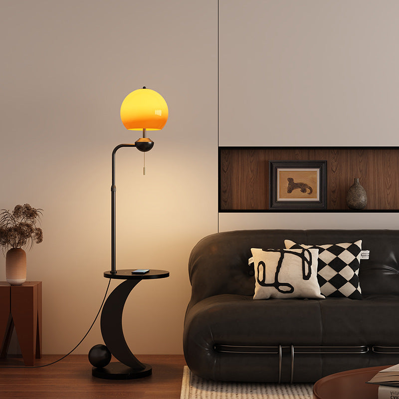 Modern Mid-Century Iron Glass Resin Round Shade 1-Light Standing Floor Lamp For Bedroom