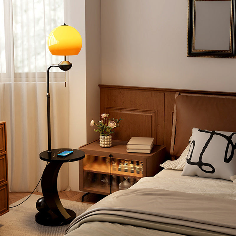 Modern Mid-Century Iron Glass Resin Round Shade 1-Light Standing Floor Lamp For Bedroom