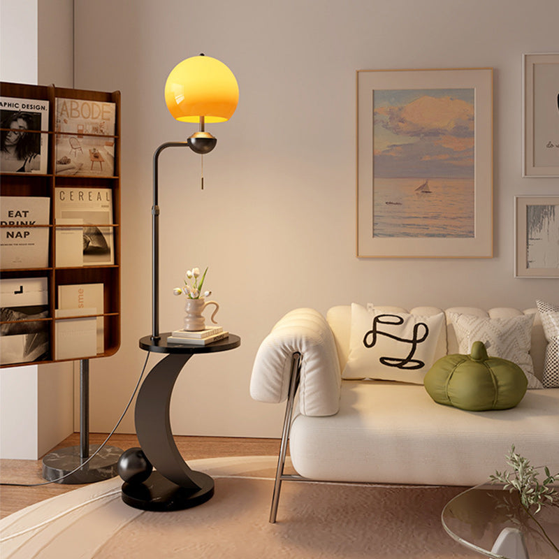 Modern Mid-Century Iron Glass Resin Round Shade 1-Light Standing Floor Lamp For Bedroom