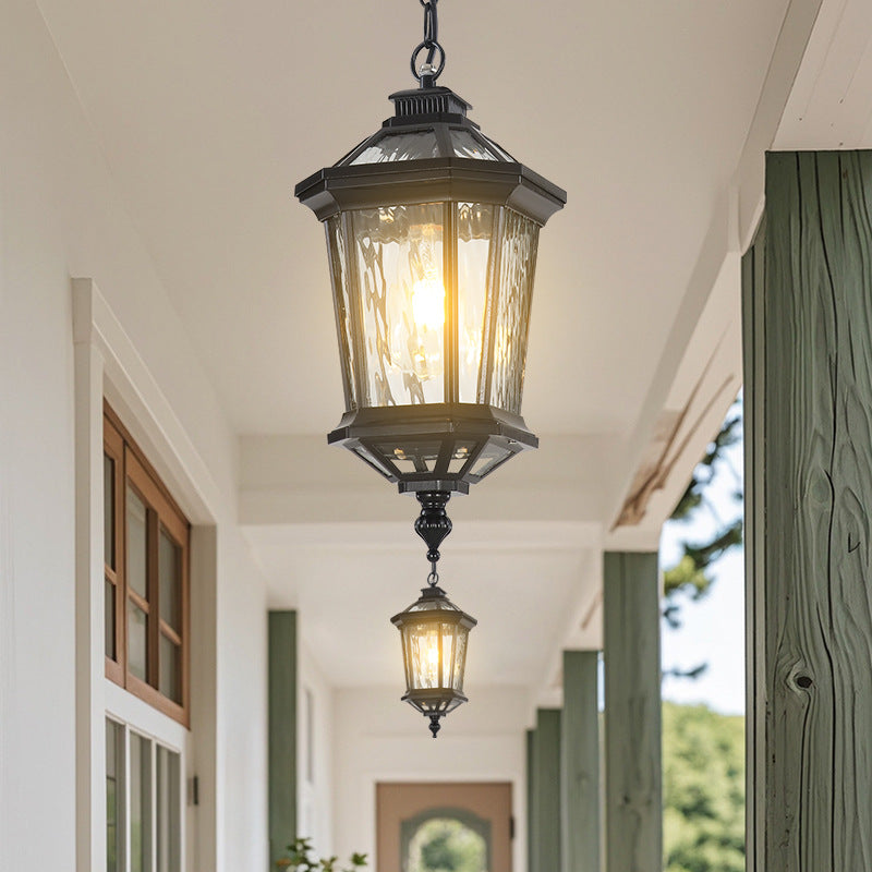 Traditional Vintage Aluminum & Ripple Glass Octagonal 1-Light Pendant Light For Outdoor Patio