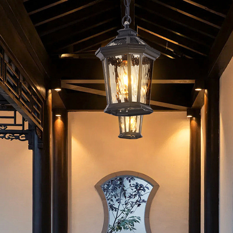 Traditional Vintage Aluminum & Ripple Glass Octagonal 1-Light Pendant Light For Outdoor Patio