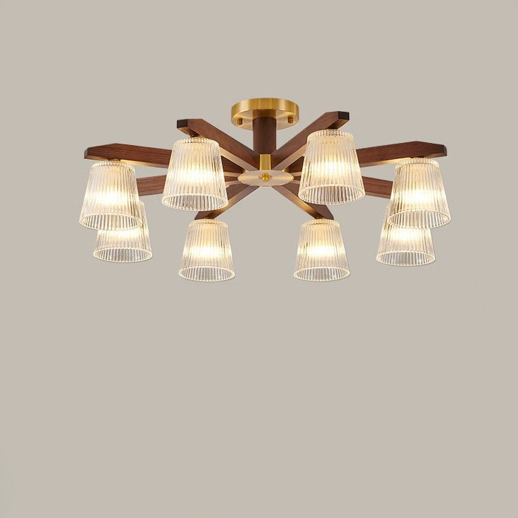 Traditional Chinese Copper Wood Glass Branch Globe Cylinder 5/6/8/10 Light Semi-Flush Mount Ceiling Light For Living Room