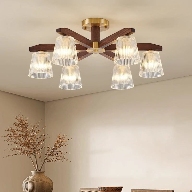 Traditional Chinese Copper Wood Glass Branch Globe Cylinder 5/6/8/10 Light Semi-Flush Mount Ceiling Light For Living Room