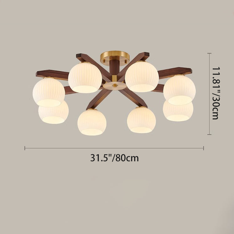 Traditional Chinese Copper Wood Glass Branch Globe Cylinder 5/6/8/10 Light Semi-Flush Mount Ceiling Light For Living Room